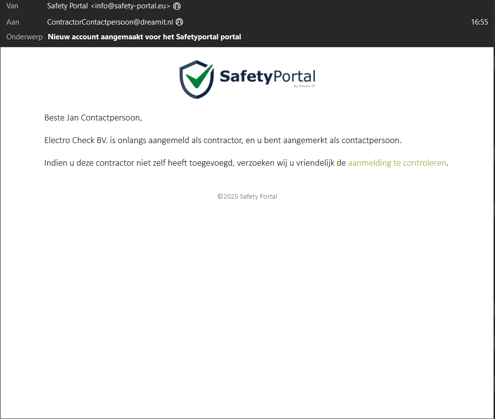 De e-mail naar de Contractor Contactpersoon